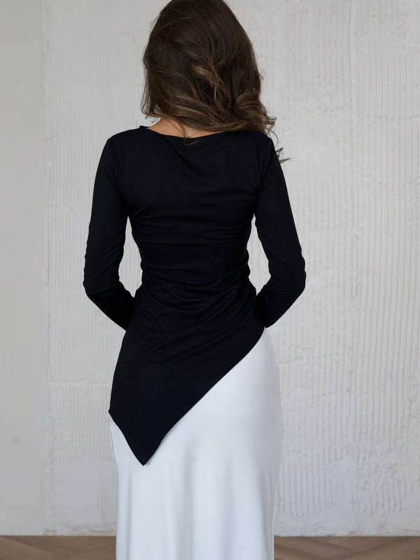 Elegant Black Asymmetric Hem Long-Sleeve Top - Chic, High Elasticity, Polyester, Slim Fit - Women's Casual Wear
