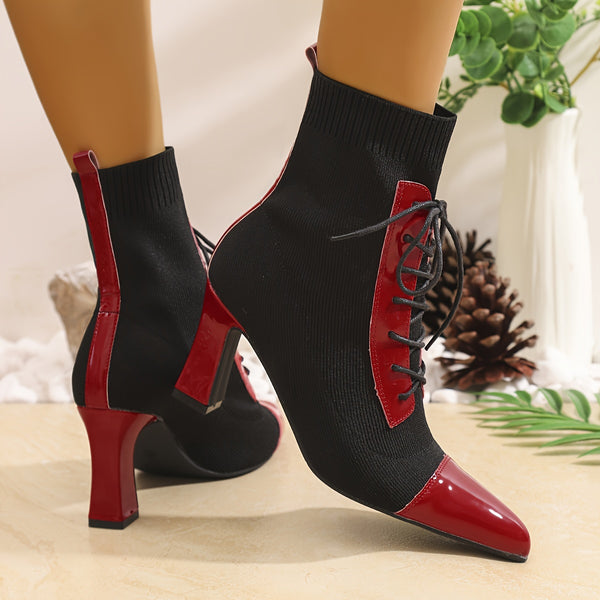 Chic Black & Red Pointed Toe Lace-Up Booties with block heel, adjustable laces, perfect for all-season fashion and comfort.