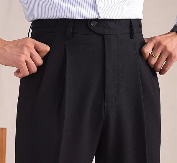 Versatile Wool-Blend Khaki Suit Pants for Men - Breathable, Loose-Fit, Modern Style