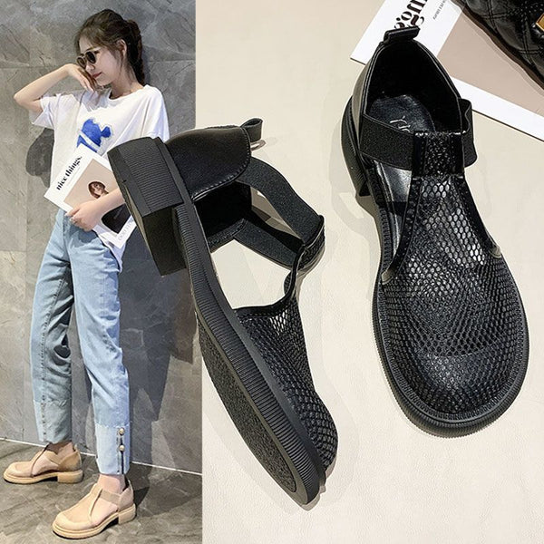 Elegant Women's Mary Jane Mesh Sandals in Black - Low Heel, Round Toe - Korean Style, All Seasons.