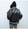 Chic Embroidered Leather Baseball Jacket in Black - Stylish PU Leather Outerwear with Embroidery Detail, Loose Fit & Zipper Placket