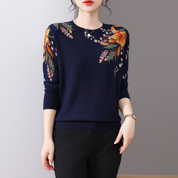 Chic Loose-Fit Long-Sleeved Knit Top in Black for Women - Fall Fashion Western Style Sweater with 3D Pattern