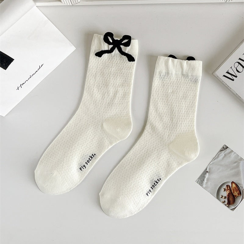 Three-dimensional Curling Polka Dot Bow Female Ballet Style Pure Cotton Mid-calf Length Socks