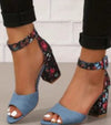 Chic Embroidered Chunky Heel Sandals in Blue - Women's High Heel Sandals for Fashionable Outfits
