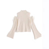 Chic Off-Shoulder Turtleneck Sweater with Lace-Up Detail in Milky White - Women's Fashion Statement Piece.