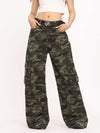 Wide-Leg Camo Cargo Pants in Retro Style, Green Camouflage Print