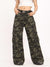Wide-Leg Camo Cargo Pants in Retro Style, Green Camouflage Print