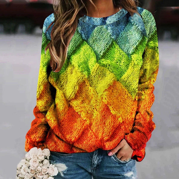 Chic Botanical Print Patchwork Sweater - Stylish, Cute Pullover with Striking Contrast - Women's Fashion Statement
