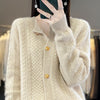 Vintage-Style Twisted Wool Cardigan in White, Pink, Camel | Jacquard Weave Design | Women's Fall Fashion Statement