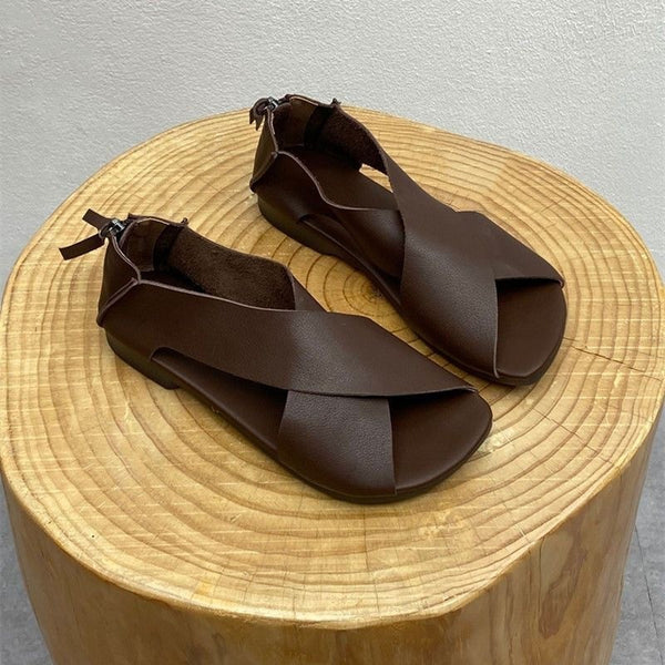 Artistic Handmade Retro Fish Mouth Flat Sandals in Brown - Women's Elastic Band Comfortable Shoes