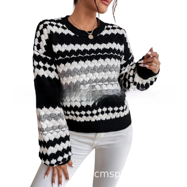 Chic Black & White Striped Knitted Sweater, Casual Style, Free Size