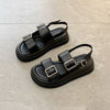 Women's Chic Platform Sandals with Metallic Square Buckle in Black & Creamy-White - Anti-Slip Rubber Sole - Korean Style Appeal