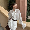 Chic Crepe Bell Sleeve Shirt with Bow Tie, See-Through Style - Elegant and Stylish Women's Fashion