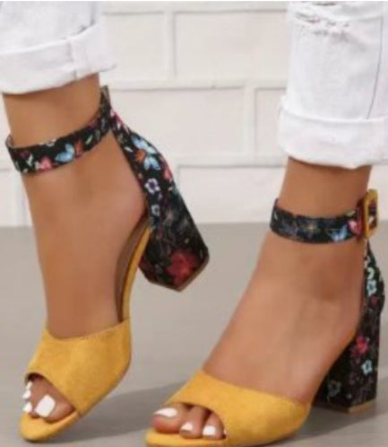 Chic Embroidered Chunky Heel Sandals in Blue - Women's Fashionable Footwear with Ankle-Strap Buckle and Rubber Soles