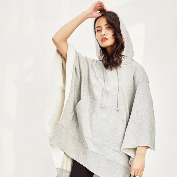 Elegant Shiva Lady Print Cotton Poncho - Light Gray, Long Sleeve, Relaxed Fit. Ideal for All Sizes.
