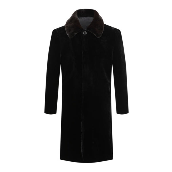 Winter Fur-Lined Men's Leather Coat, Over The Knee Length, Han Edition - Wool Blend, Rib Bottom, Lapel Collar - Men's Winter Fashion