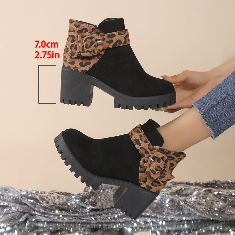 Plus Size Thick Heeled Leopard Print Flannel Bootie Side Zipper Fashion Bootie For Women