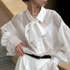 Chic Crepe Bell Sleeve Shirt with Bow Tie, See-Through Style - Stylish and Elegant Women's Fashion.