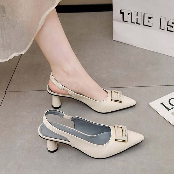 Women's Chunky Heel Buckle Sandals in Creamy-White and Black - Korean Style with PU Upper and Rubber Sole