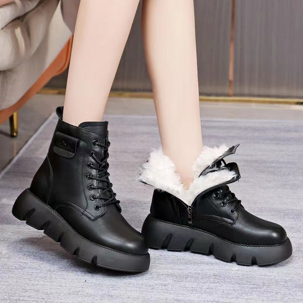 Winter Women's Plush Fur Lined Wedge Snow Boots in Black and Brown, Front Lace-Up, Low-Top Style with Platform Heel and White Fur Lining