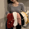 Women's Square Neck Knit Top, Comfortable Slim Fit, Solid Color Design, Versatile Free Size, Square Collar Detail, Stylish Button Accents, Spandex Blend Fabric.