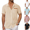 Men's Striped Short-Sleeve Hemp Cardigan with Pocket - Breathable Summer Style
