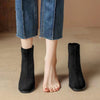 Women's French-Style Suede Boots with Chunky Heels in Black. Stylish mid-calf winter boots for women with back zipper. High-quality suede & PU material.
