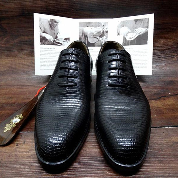 Handcrafted Black Lizard Leather Derby Shoes - Men's Formal Business Attire - Lace-up Closure - Sizes 37-44