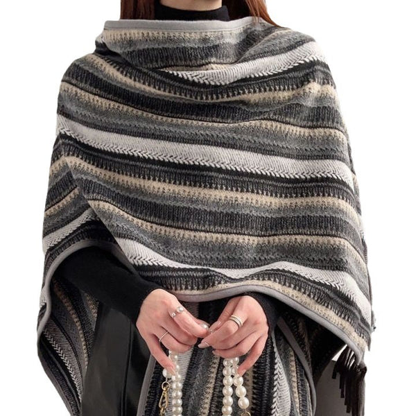 Winter Warmth Ethnic Hooded Shawl Cape: Retro Stripe Pattern & Tassel Design Woolen Fabric - Grey, Red, Brown.