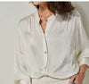 French-Style Silk Women's Shirt in Orange and White with Lantern Sleeves