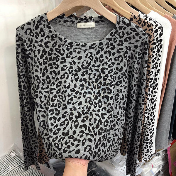 Chic Leopard Print Long Sleeve Top in Khaki, Gray, or White - Women Fashion Statement with Versatile Style & Comfort.
