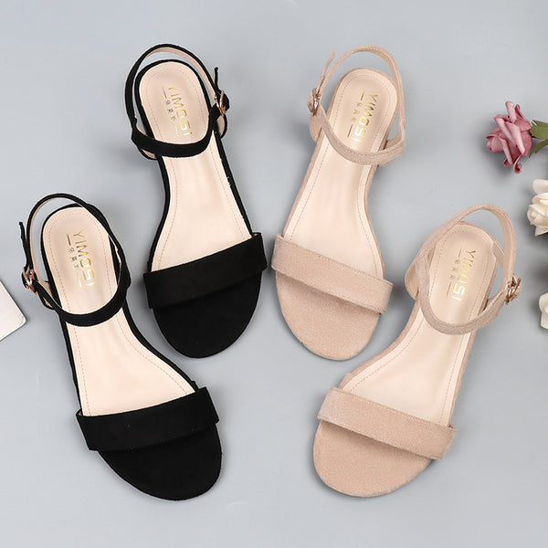 Stylish Plus Size Roman Strap Sandals in Black - Comfortable, Chic, Korean Design - PU Lined, Suede Upper, Rubber Sole.