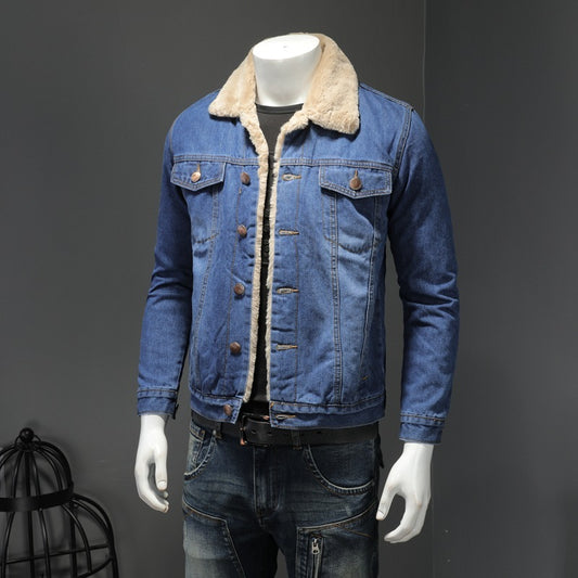 Men's Japanese Trendy Fleece-lined Thickened Denim Jacket Coat