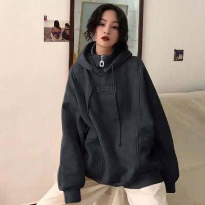 Chic Korean-Style Embroidered Women's Hoodie, Soft Velvet Lined, Gray & Yellow Options - Cozy, Trendy, Winter Fashion