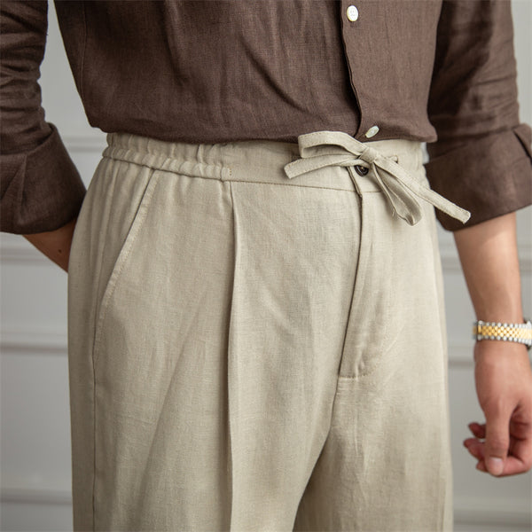Lightweight Casual Linen Trousers for Commuting in Navy Blue and Khaki - Men's Stylish Pants with Micro-Elastic Waistband