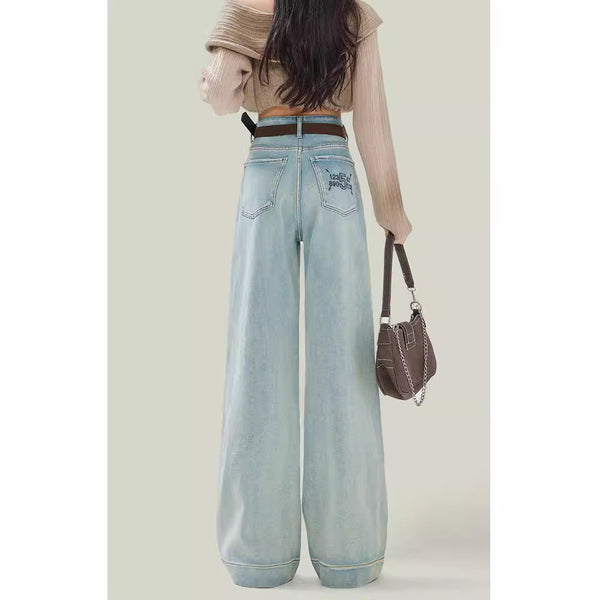Women's High Waist Light Blue Loose Straight Cut Jeans - Casual Denim Fashion for Women - Fresh Sweet Style - Vintage Look.