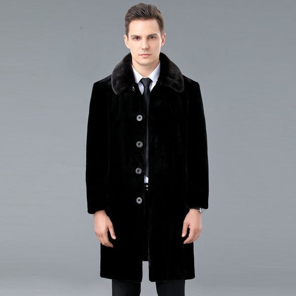Men's Winter Fur-Lined Leather Coat, Over the Knee, Han Edition - Wool Blend, Loose Fit, Lapel Collar - Stylish & Warm