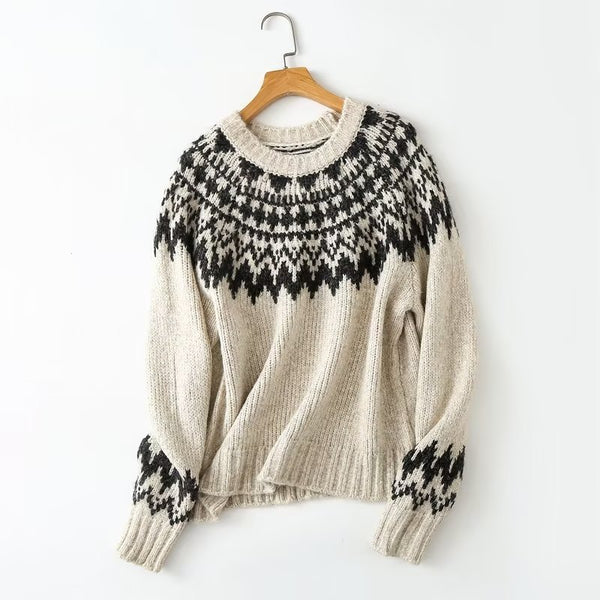 Women's Cozy Thick Knit Printed Sweater in Blue-Gray, Fall Winter Fashion Statement Piece