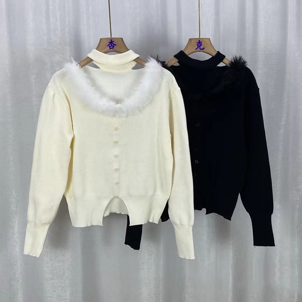 Trendy Furry Halter Sweater in Noir Black, 3D Stereo Pattern, Fall/Winter Fashion Piece