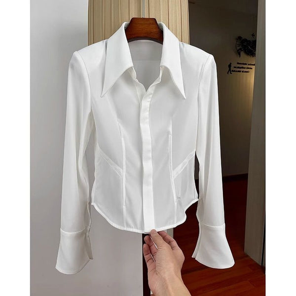 French Waist Slim Fit Blouse in Black or White, Professional Attire Women Workwear