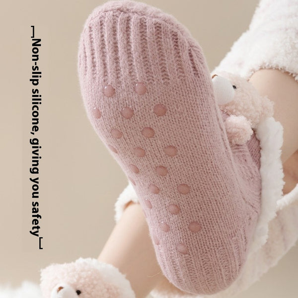 Women's Winter Warm Lambswool Cartoon Pattern Socks in Pink, Black, Gray, and Khaki. Cute, Thick, and Fleece Lined for Warmth.