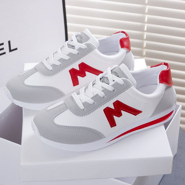 Stylish Women's Red PU Leather Running Shoes - Lace-Up Korean Sneakers with Flat Heel