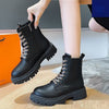 Women's Cozy Fleece-Lined Martin Boots in Black, Mid-Calf with Waterproof Platform and Front Lace-Up - Sizes 35-40