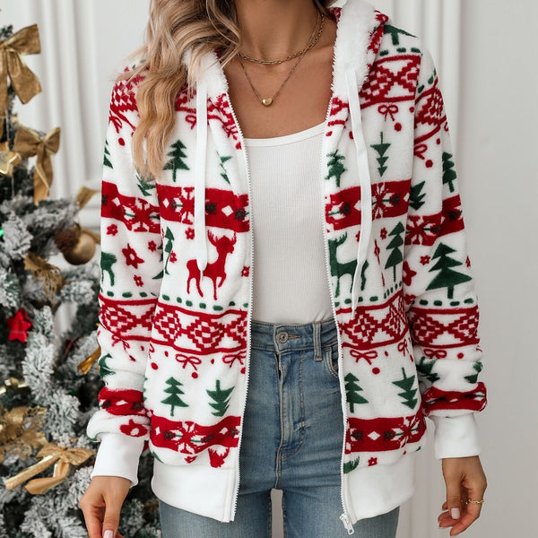 Festive Christmas Print Plush Cardigan in Classic White - Regular Fit with Pockets - Hipster Style Holiday Outerwear