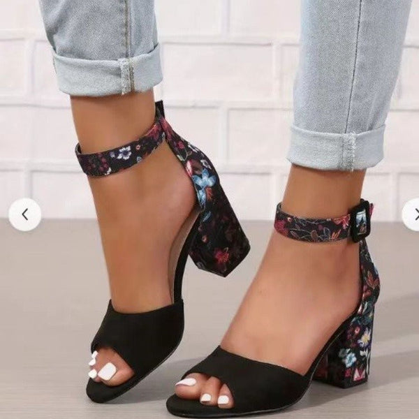 Chic Embroidered Chunky Heel Sandals for Women in Blue - PU Material, Ankle-Strap Buckle, High Heel Sandals - Sizes 35 to 42