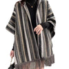 Winter Warmth Ethnic Hooded Shawl Cape - Retro Stripe Pattern & Tassel Detail - Cozy Woolen Fabric - Versatile Winter Accessory