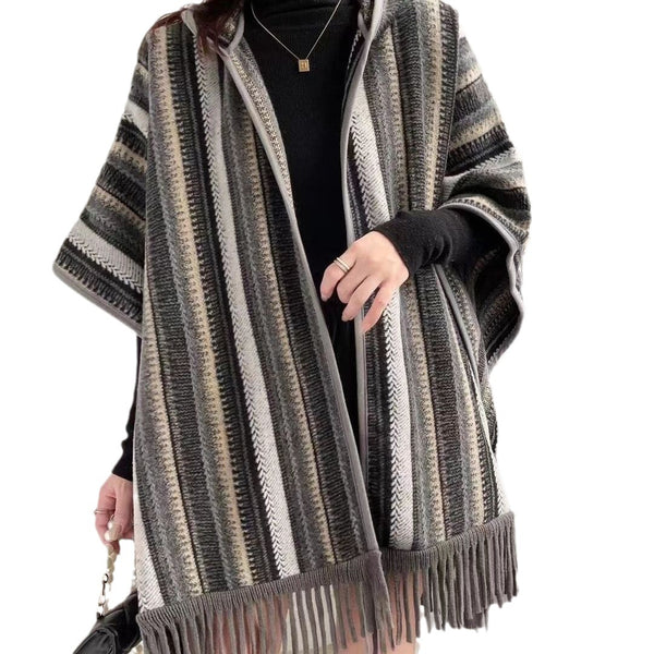 Winter Warmth Ethnic Hooded Shawl Cape - Retro Stripe Pattern & Tassel Detail - Cozy Woolen Fabric - Versatile Winter Accessory