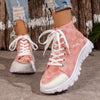 Women's Rose-Print Canvas Boots with Non-Slip Sole - Stylish lace-up boots in black, pink, or khaki. Perfect for casual wear in cold weather.