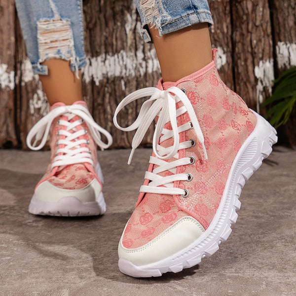 Women's Rose-Print Canvas Boots with Non-Slip Sole - Stylish lace-up boots in black, pink, or khaki. Perfect for casual wear in cold weather.