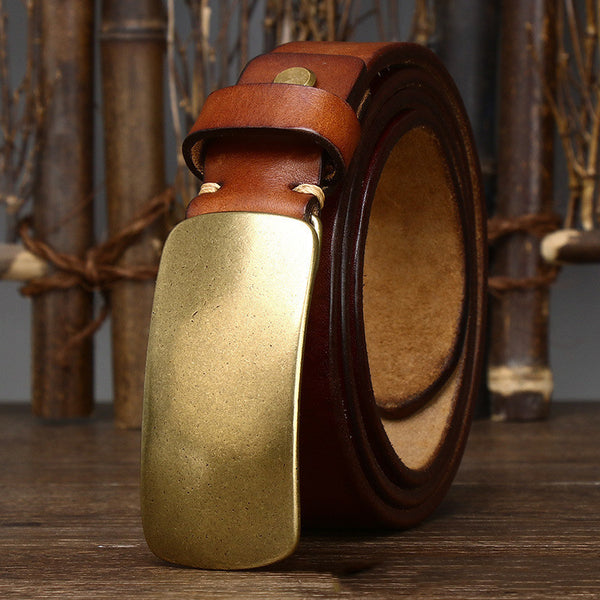 Wide Leather Belt for Men in Black, Khaki, and Brown. Top Layer Cowhide with Copper Buckle. Smooth Design, Plain Pattern. Length Options: 105cm - 125cm.